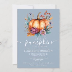 Rustic Dusty Blue Little Pumpkin Boy Baby Shower Invitation