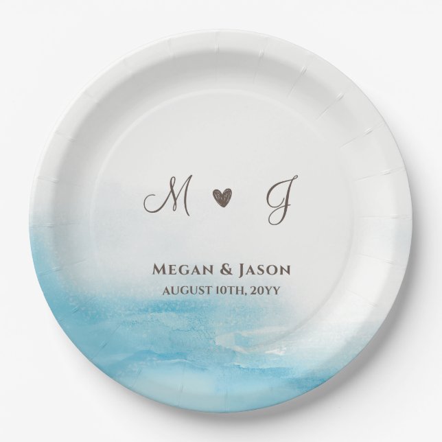 Rustic Dusty Blue Monogrammed Custom Wedding  Paper Plate (Front)