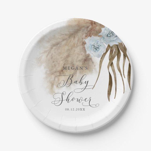 Rustic Dusty Blue Pampas Grass Baby Shower Paper Plate (Front)