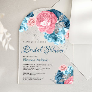 Rustic Dusty Blue Pink Floral Rose Bridal Shower Acrylic Invitations