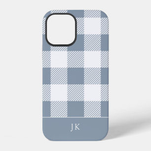 Rustic Dusty Blue Plaid Pattern Monogram iPhone 12 Case