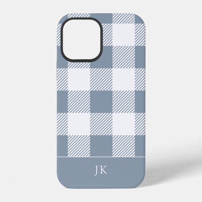 Rustic Dusty Blue Plaid Pattern Monogram iPhone Case (Back)