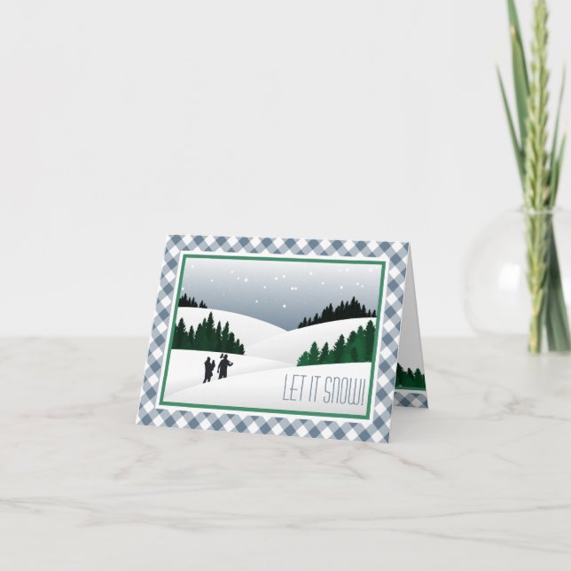 Rustic Dusty Blue Plaid Winter Woodland Snowscape Holiday Card (Front)