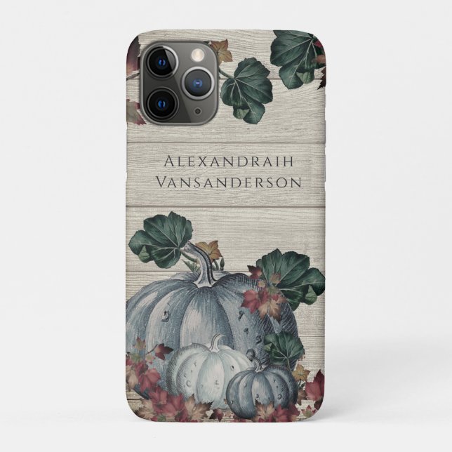 Rustic Dusty Blue Pumpkin Fall Leaves Grey Wood  Case-Mate iPhone Case (Back)