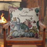 Rustic Dusty Blue Pumpkin Fall Leaves Wood Cushion<br><div class="desc">Rustic Dusty Blue  Watercolor Pumpkin Fall Leaves Grey Wood Throw Pillow</div>