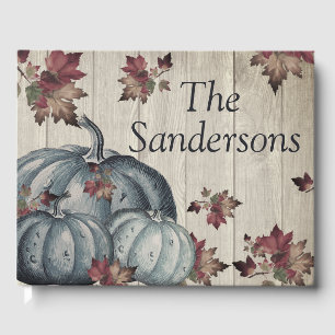 Rustic Dusty Blue Pumpkin Fall Leaves Wood Guest Book