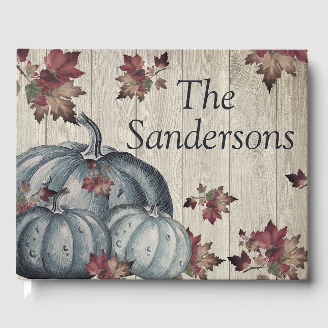 Rustic Dusty Blue Pumpkin Fall Leaves Wood Guest Book (Front)