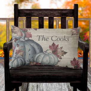 Rustic Dusty Blue Pumpkin Fall Leaves Wood Lumbar Cushion