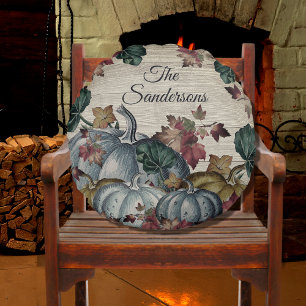 Rustic Dusty Blue Pumpkin Fall Leaves Wood  round Round Cushion