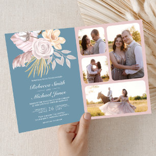 Rustic Dusty Blue Rose Pink Floral QR Code Wedding Invitation