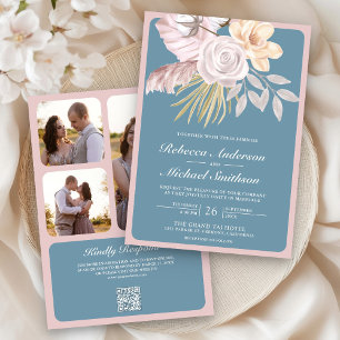 Rustic Dusty Blue Rose Pink Floral QR Code Wedding Invitation