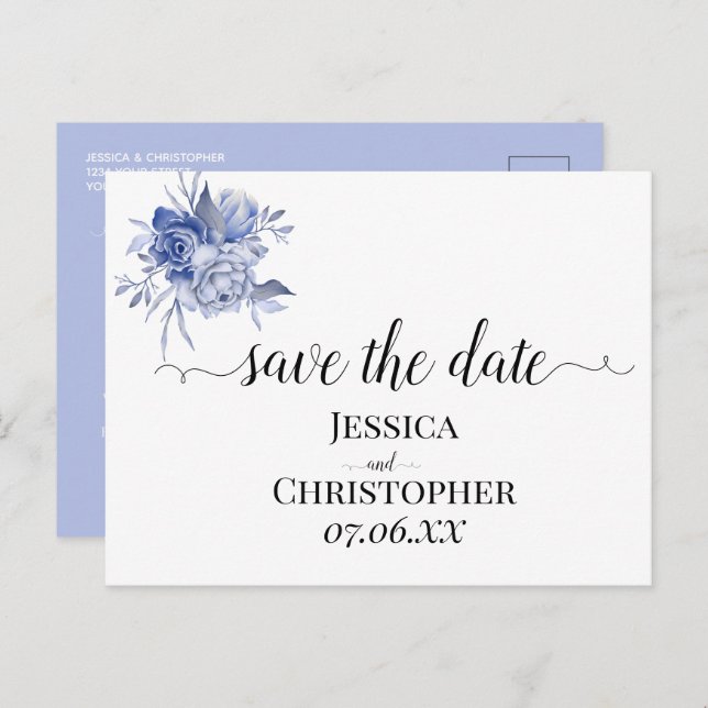 rustic dusty blue roses and other flowers announcement postcard (Front/Back)