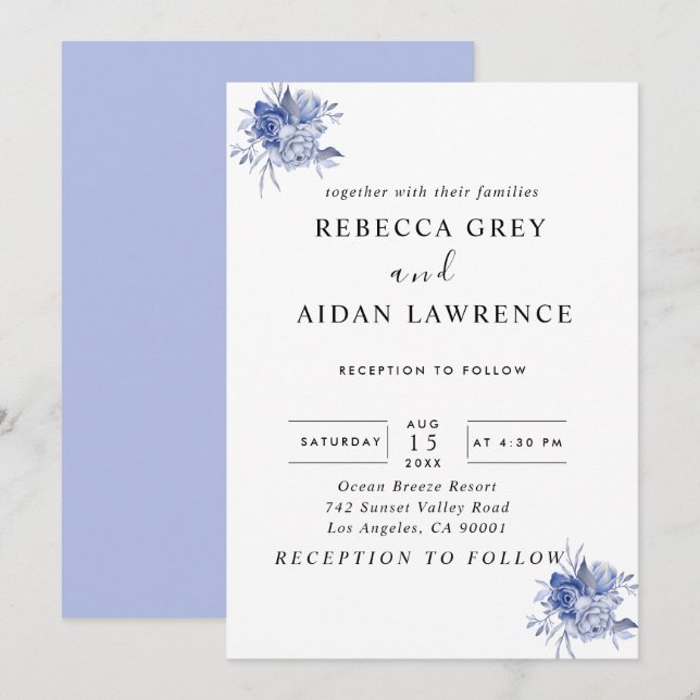 rustic dusty blue roses and other flowers invitation (Front/Back)