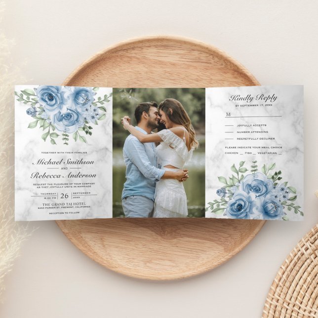 Rustic Dusty Blue Roses Photo White Marble Wedding Tri-Fold Invitation (Creator Uploaded)