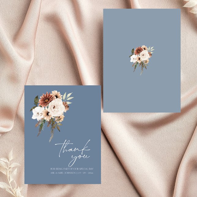 Rustic Dusty Blue Rust Floral Wedding Thank You (Elegant Dusty Blue Peach Floral Wedding Thank You)