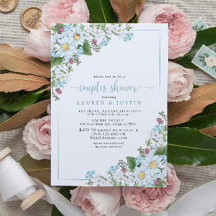 Rustic Dusty Blue Script Wildflower Couples Shower Invitation