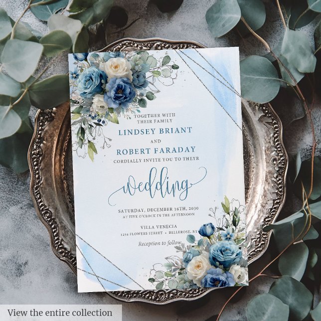 Rustic Dusty Blue Silver Floral Wedding Invitation (Rustic Dusty Blue Silver Floral Wedding Invitation)