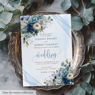 Rustic Dusty Blue Silver Roses Wedding Invitation