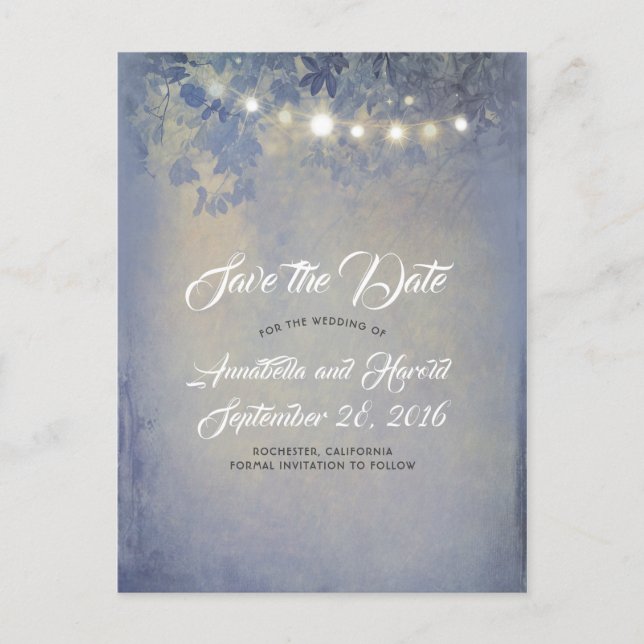 Rustic Dusty Blue String Lights Save the Date Announcement Postcard (Front)