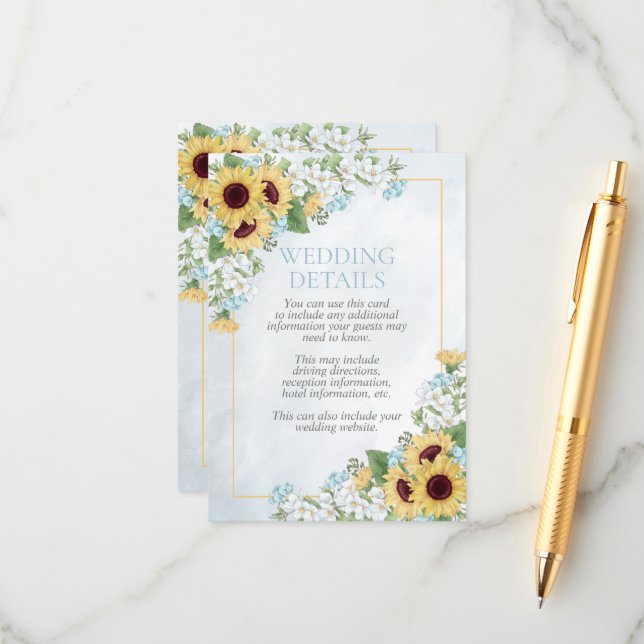 Rustic Dusty Blue Sunflower Details Enclosure Card (Front/Back In Situ)