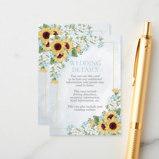 Rustic Dusty Blue Sunflower Details Enclosure Card (Front/Back In Situ)