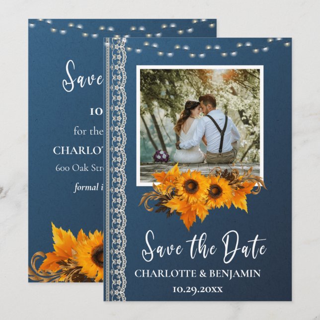 Rustic Dusty Blue Sunflower & Lace Wedding  Save The Date (Front/Back)