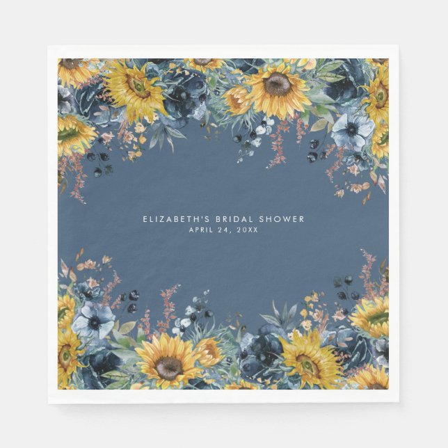 Rustic Dusty Blue Sunflowers Bridal Shower Napkin (Front)
