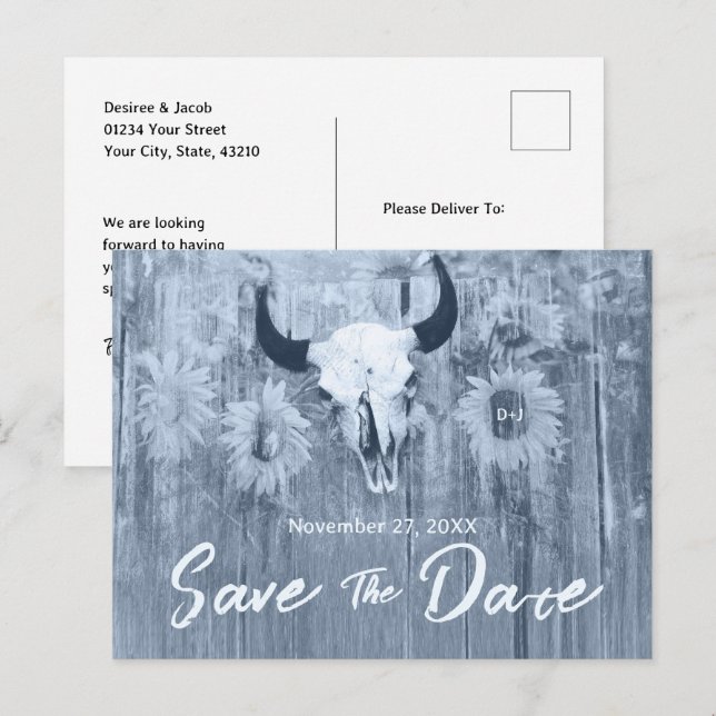 Rustic Dusty Blue Sunflowers Bull Skull Announcement Postcard (Front/Back)