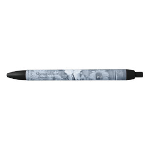 Rustic Dusty Blue Sunflowers Bull Skull Black Ink Pen