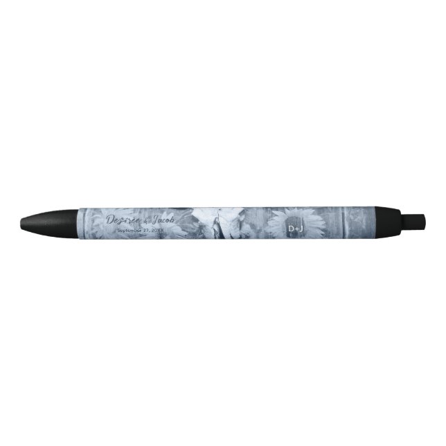 Rustic Dusty Blue Sunflowers Bull Skull Black Ink Pen (Front)