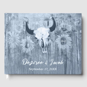 Rustic Dusty Blue Sunflowers Bull Skull Guest Book