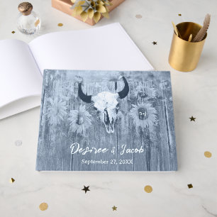 Rustic Dusty Blue Sunflowers Bull Skull Guest Book