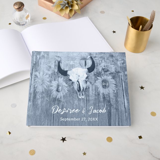 Rustic Dusty Blue Sunflowers Bull Skull Guest Book (Front Open)