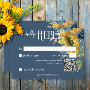 Rustic Dusty Blue Sunflowers Wedding QR Code RSVP Card