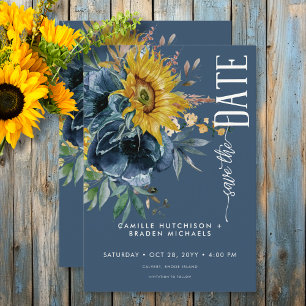 Rustic Dusty Blue Sunflowers Wedding Save The Date