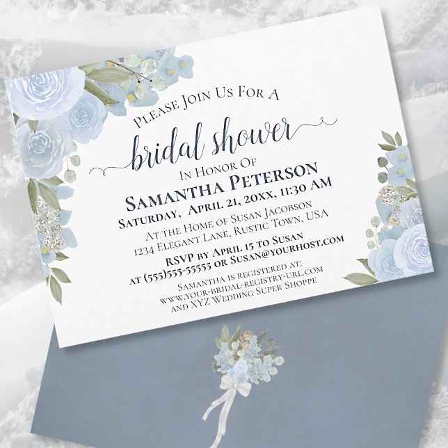 Rustic Dusty Blue Watercolor Floral Bridal Shower Invitation (Creator Uploaded)