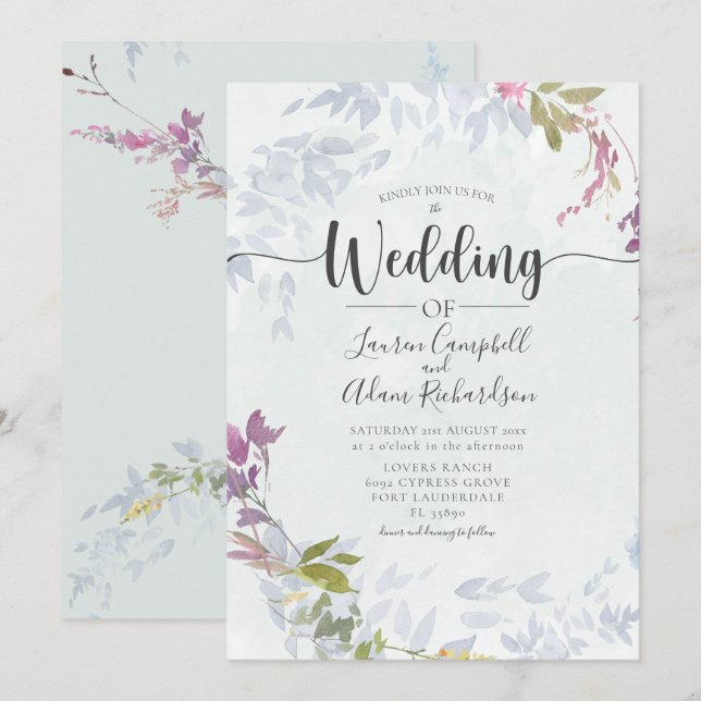 Rustic Dusty Blue Watercolor  Floral Wedding Invitation (Front/Back)