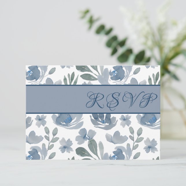 Rustic Dusty Blue Watercolor Floral Wedding RSVP Card (Standing Front)