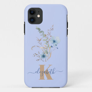 rustic dusty Blue watercolor flower bouquet iPhone 11 Case