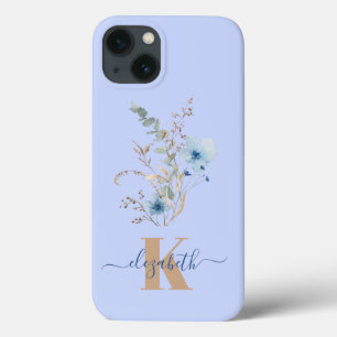 rustic dusty Blue watercolor flower bouquet iPhone 13 Case