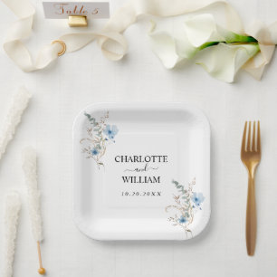 rustic dusty Blue watercolor flower bouquet Paper Plate