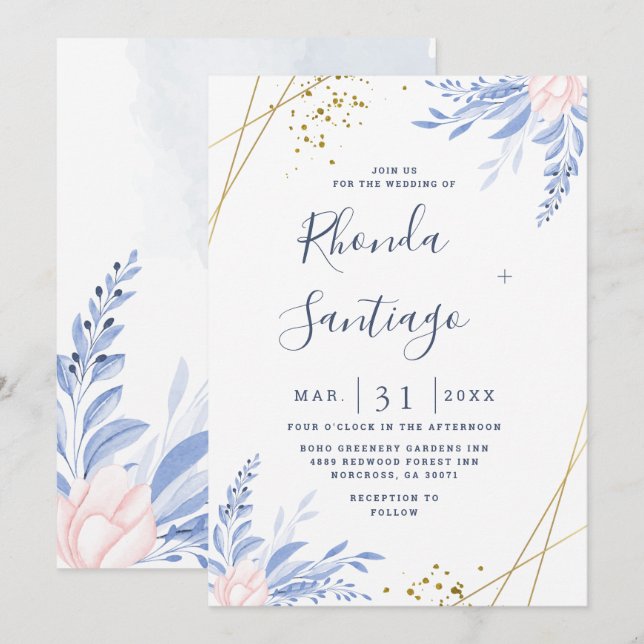 Rustic Dusty Blue Watercolor Leaves Gold Wedding Invitation (Front/Back)