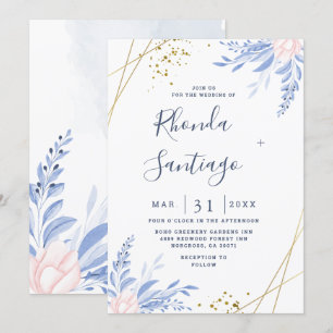 Rustic Dusty Blue Watercolor Leaves Gold Wedding Invitation