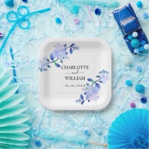 rustic dusty blue watercolor-style flower & leaves paper plate