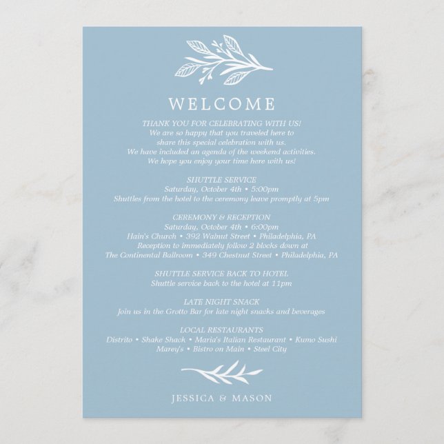 Rustic Dusty Blue Wedding Itinerary - Welcome Programme (Front)