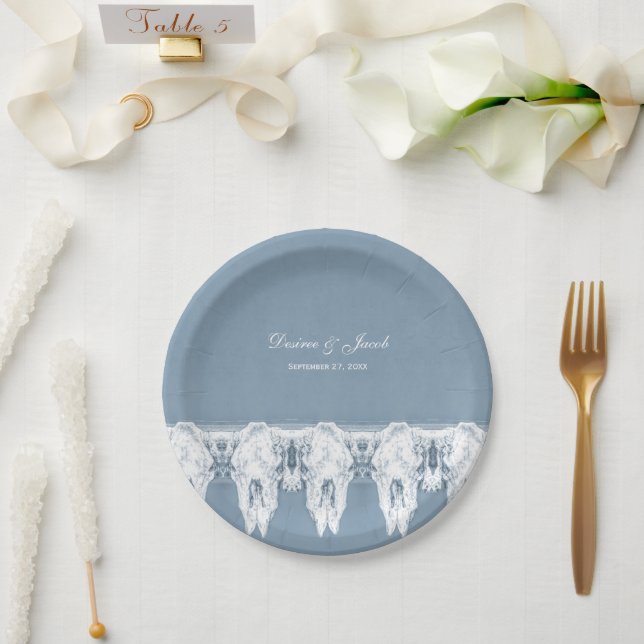 Rustic Dusty Blue White Cow Skulls Pattern Wedding Paper Plate (Wedding)