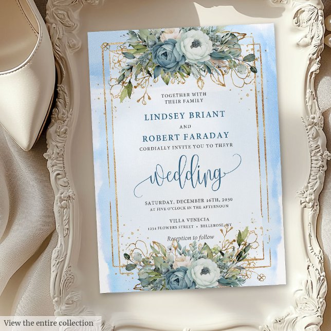Rustic Dusty Blue White Gold Floral Wedding Invite (Rustic Dusty Blue White Gold Floral Wedding Invite)