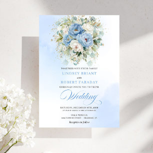 Rustic Dusty Blue White Peony Gold Wedding Invite