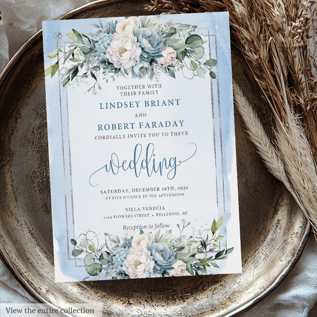 Rustic Dusty Blue White Silver Roses Wedding  Invitation (Rustic Dusty Blue White Silver Roses Wedding Invitation)