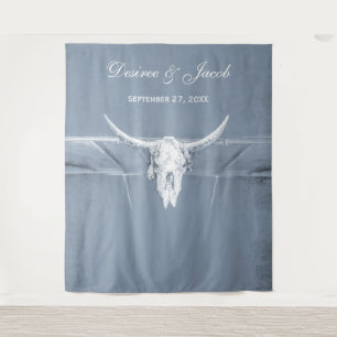 Rustic Dusty Blue White Western Cow Skull Backdrop Tapestry